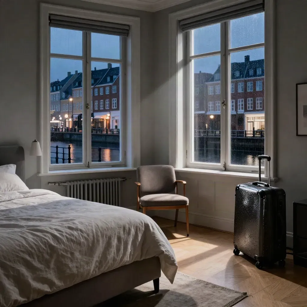 Hotellrum i Köpenhamn med säng, stol och resväska vid kanalfönster i regnkväll