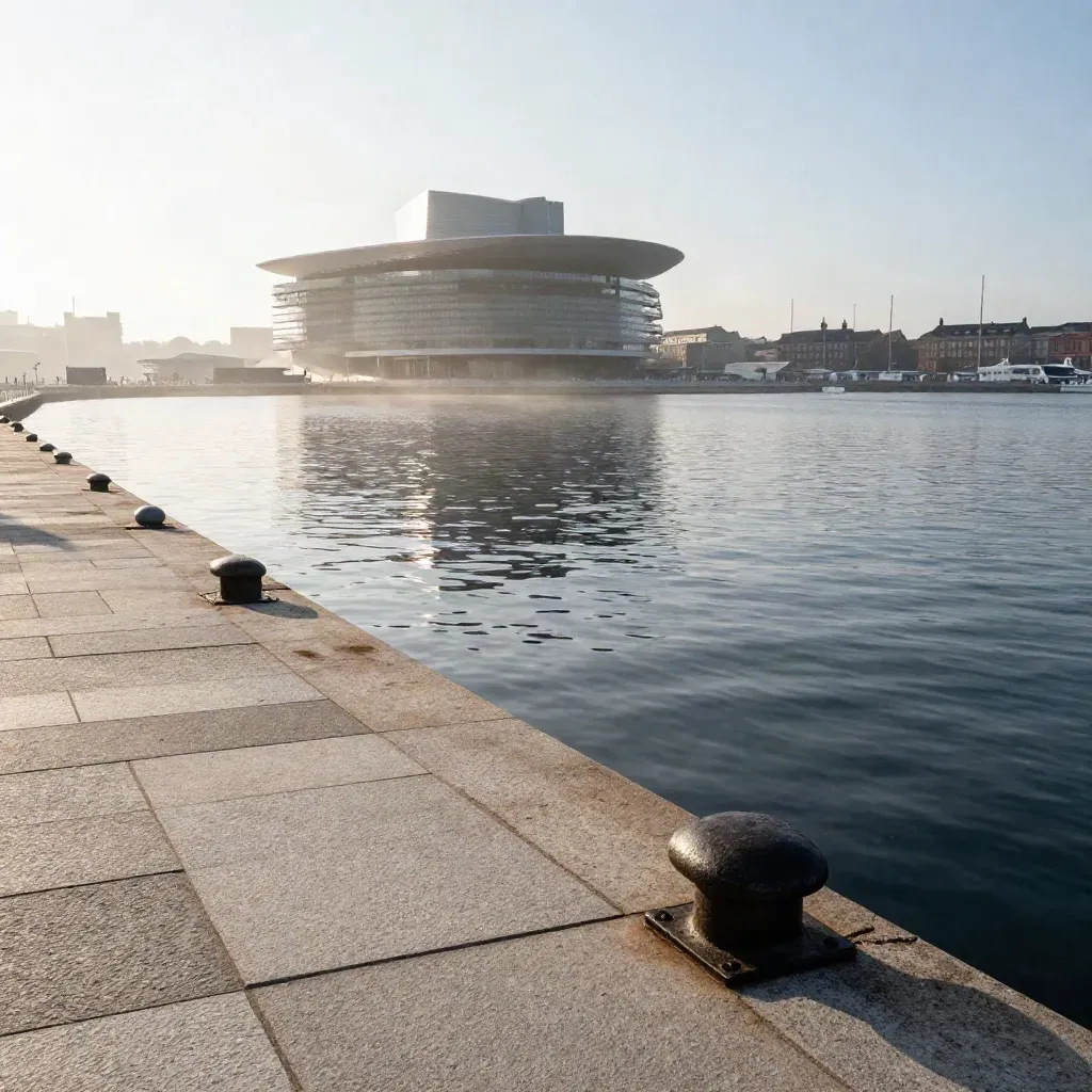 Köpenhamns hamn i gryning med Operahuset, lugnt vatten och mjuk dimma