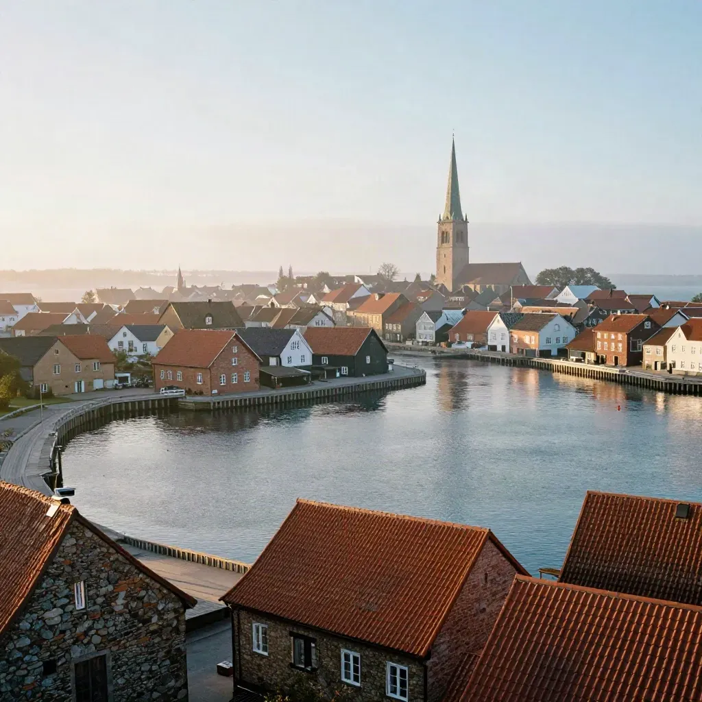 Soluppgång över Svendborgsund med tak, liten hamn och kyrktorn i mjuk dimma